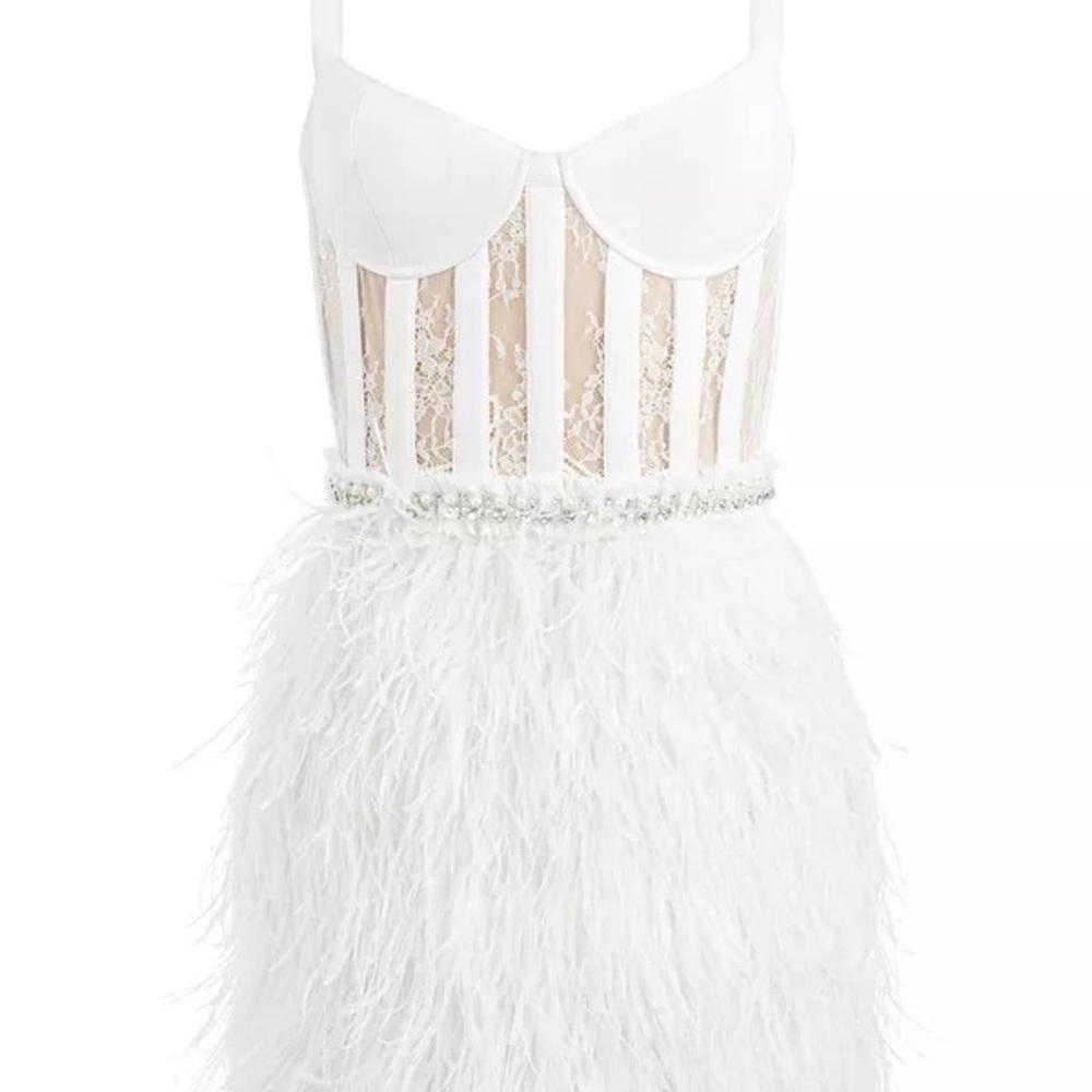 Alice + Olivia XIA White Bustier Ostrich Feather Lace Mini Dress Bride - Sz 2